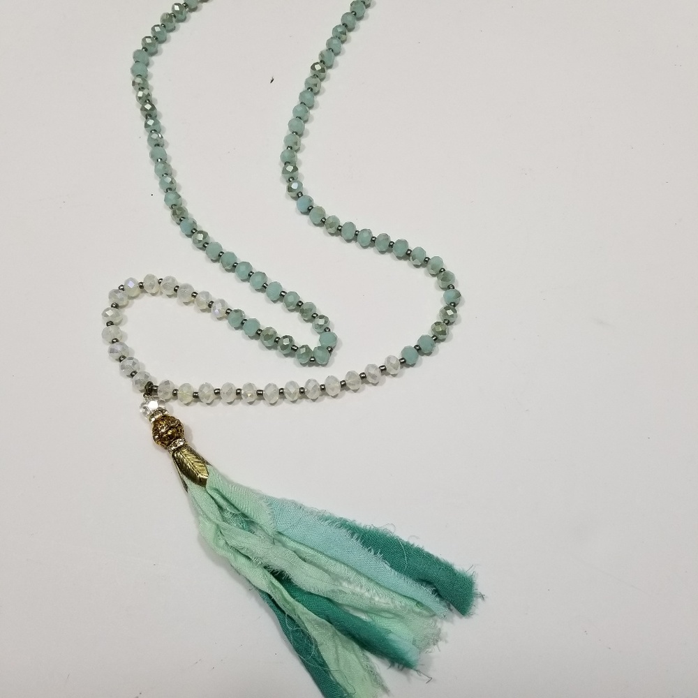 Crystal Sari Silk Tassel Necklace Seafoam Green